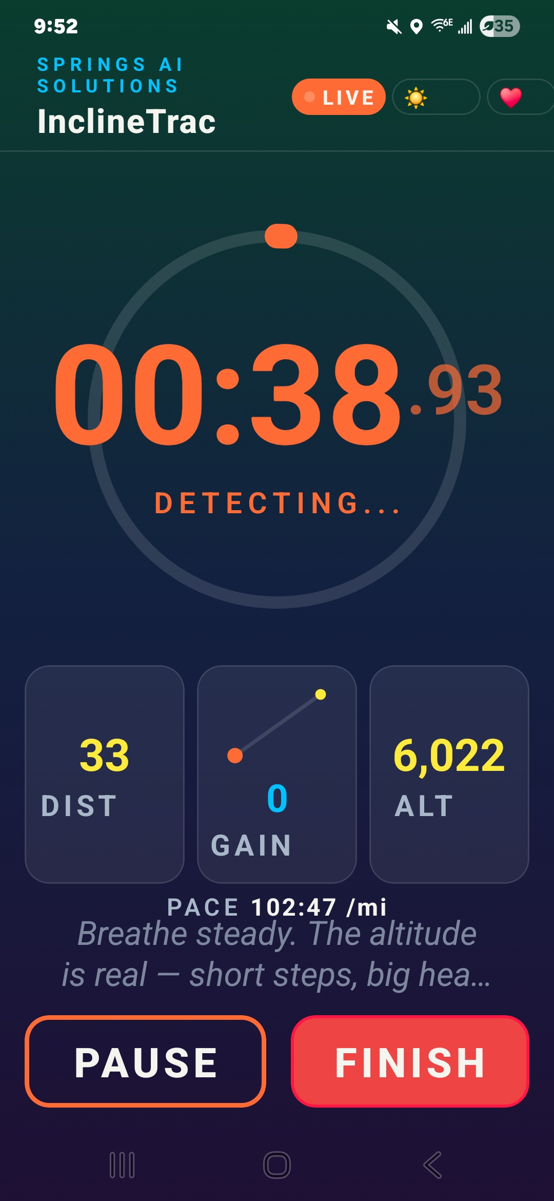 InclineTrac mobile app live tracking screen